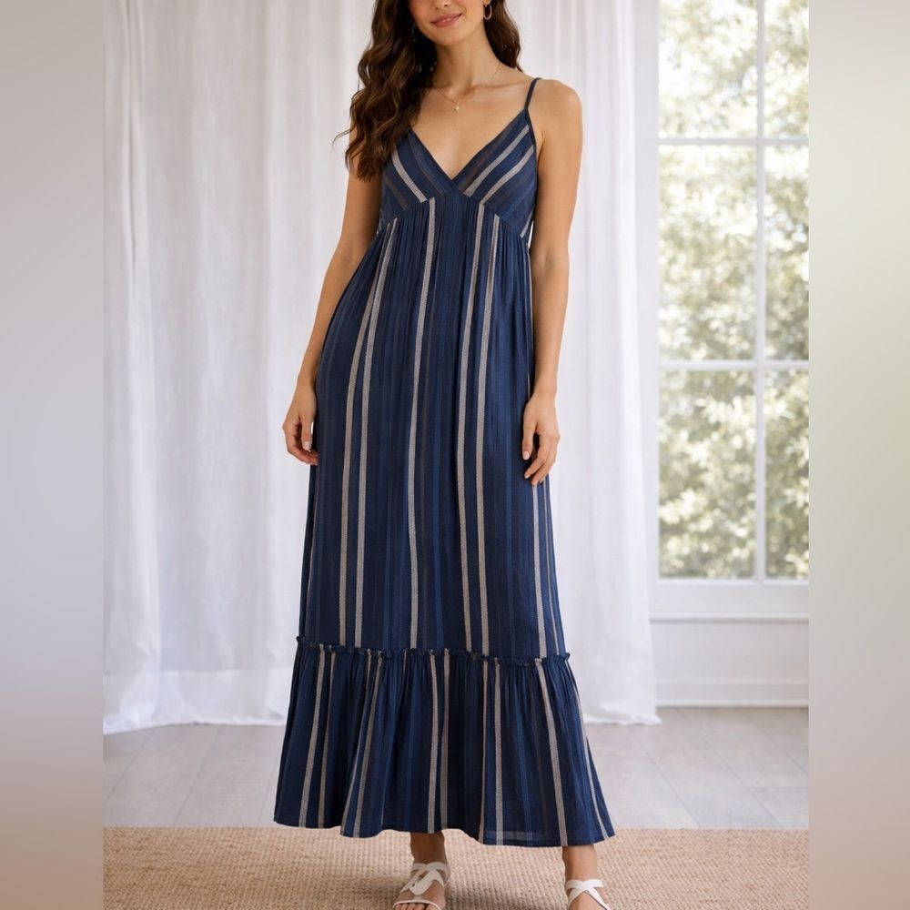 Michael Stars Keeley Navy Stripe Maxi Dress V Neck Strappy Cotton Size M